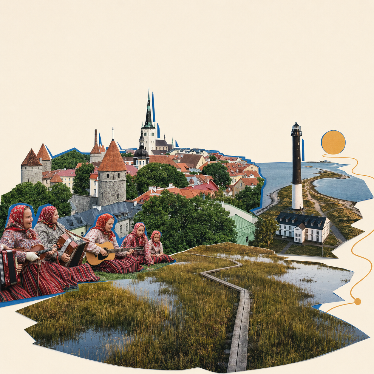 Editorial cut-out collage of Tallinn, Kihnu, Soomaa and Sõrve lighthouse